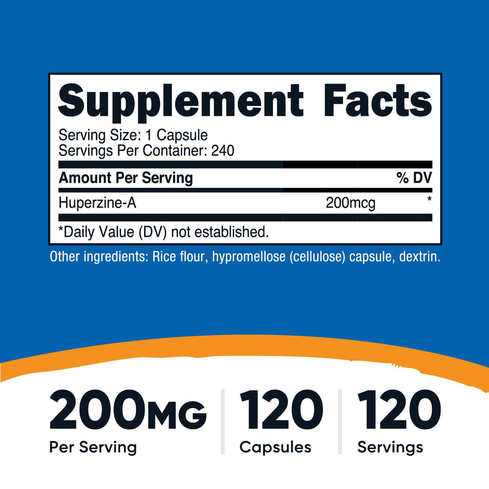 Nutricost Huperzine A label closeup showing 200 mcg per capsule.