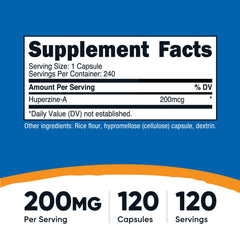 Nutricost Huperzine A label closeup showing 200 mcg per capsule.