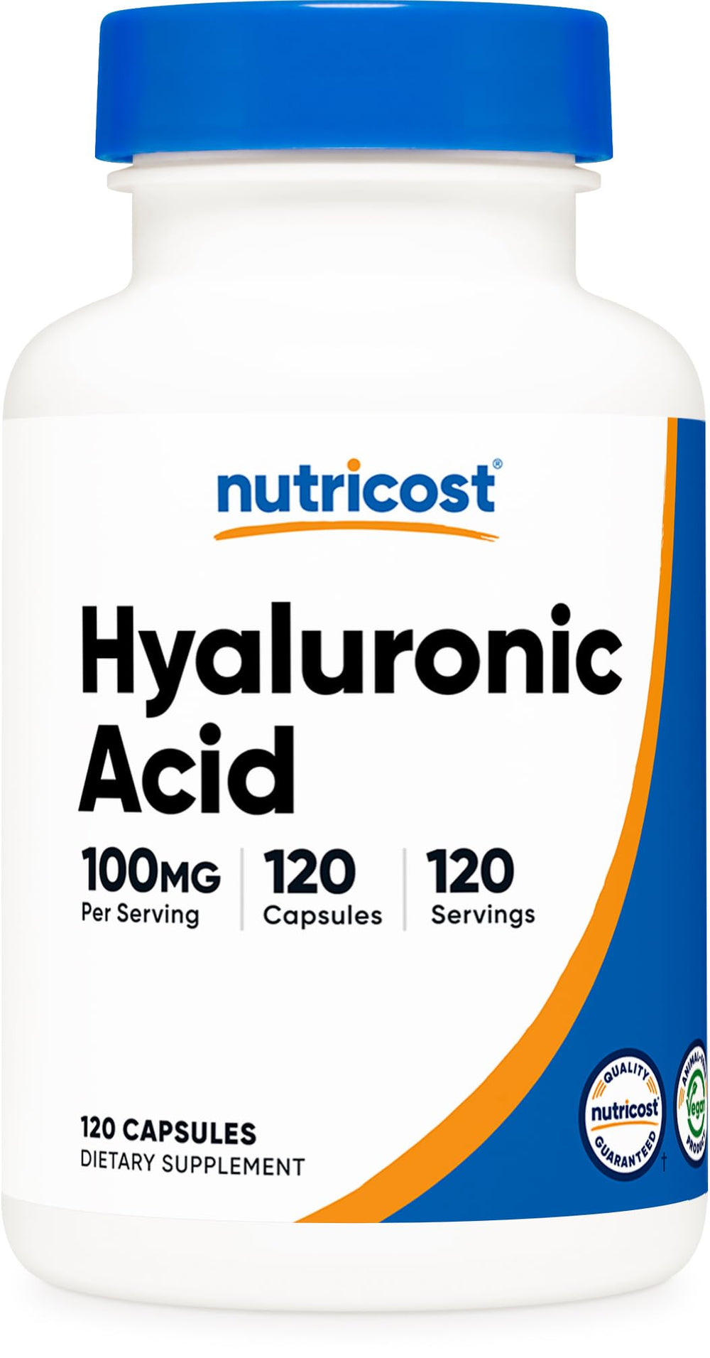 Nutricost Hyaluronic Acid Capsules bottle shows 120 vegetarian capsules for daily use.