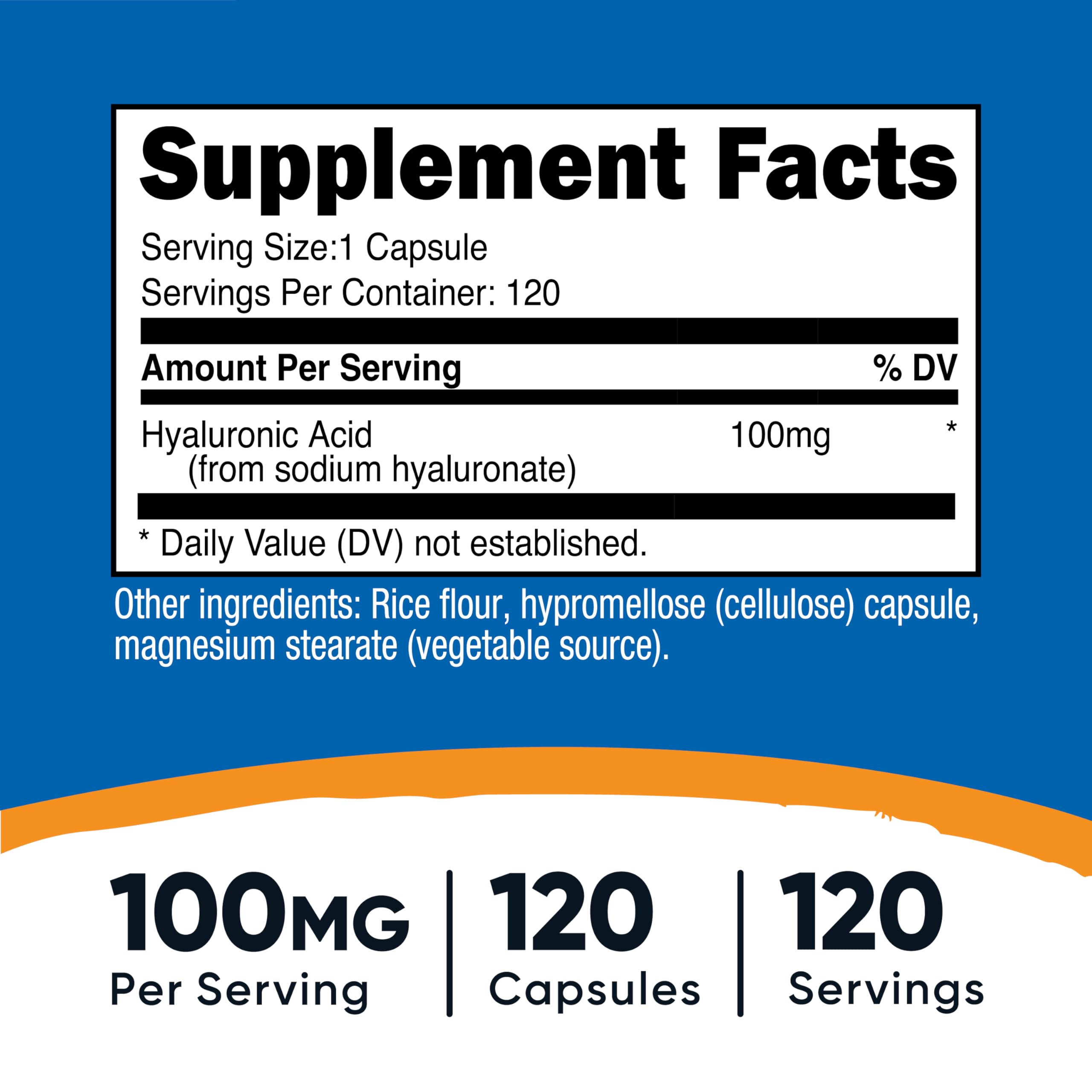 Close-up of 100 mg per capsule highlighting the Hyaluronic Acid strength.