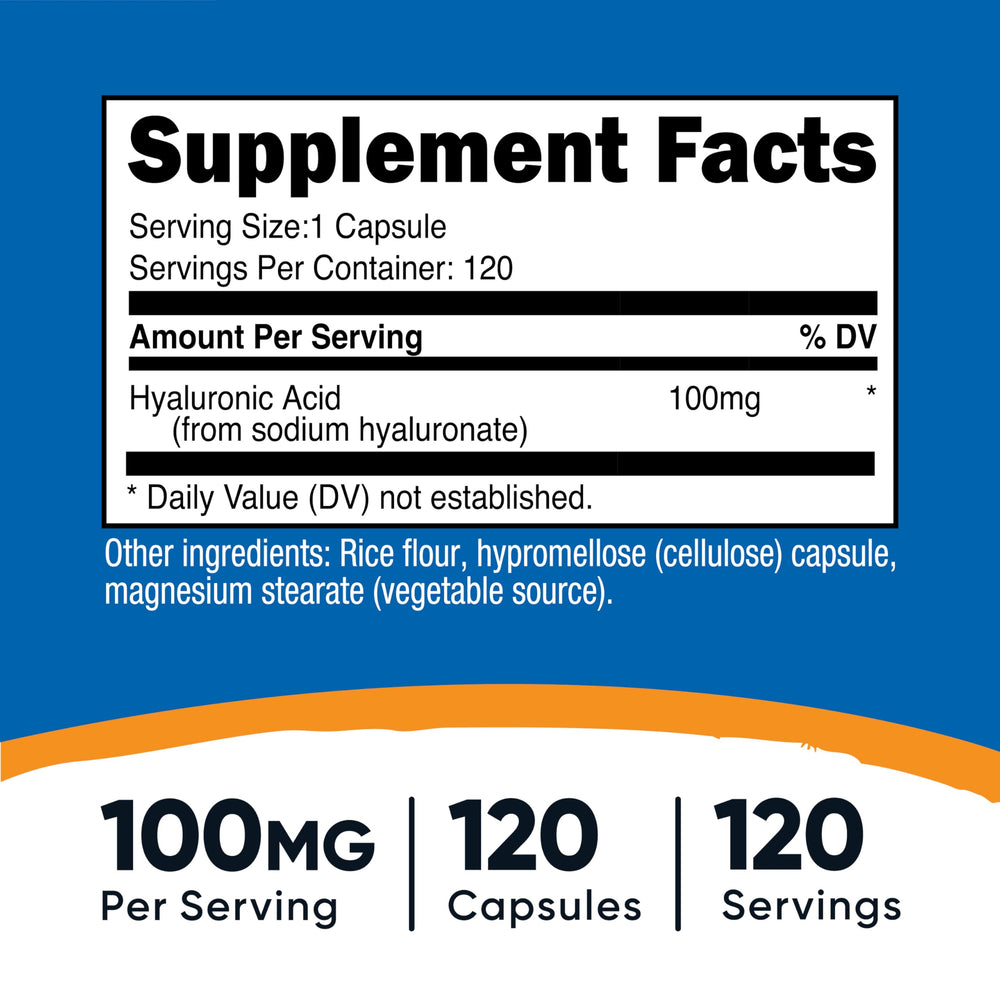 Close-up of 100 mg per capsule highlighting the Hyaluronic Acid strength.