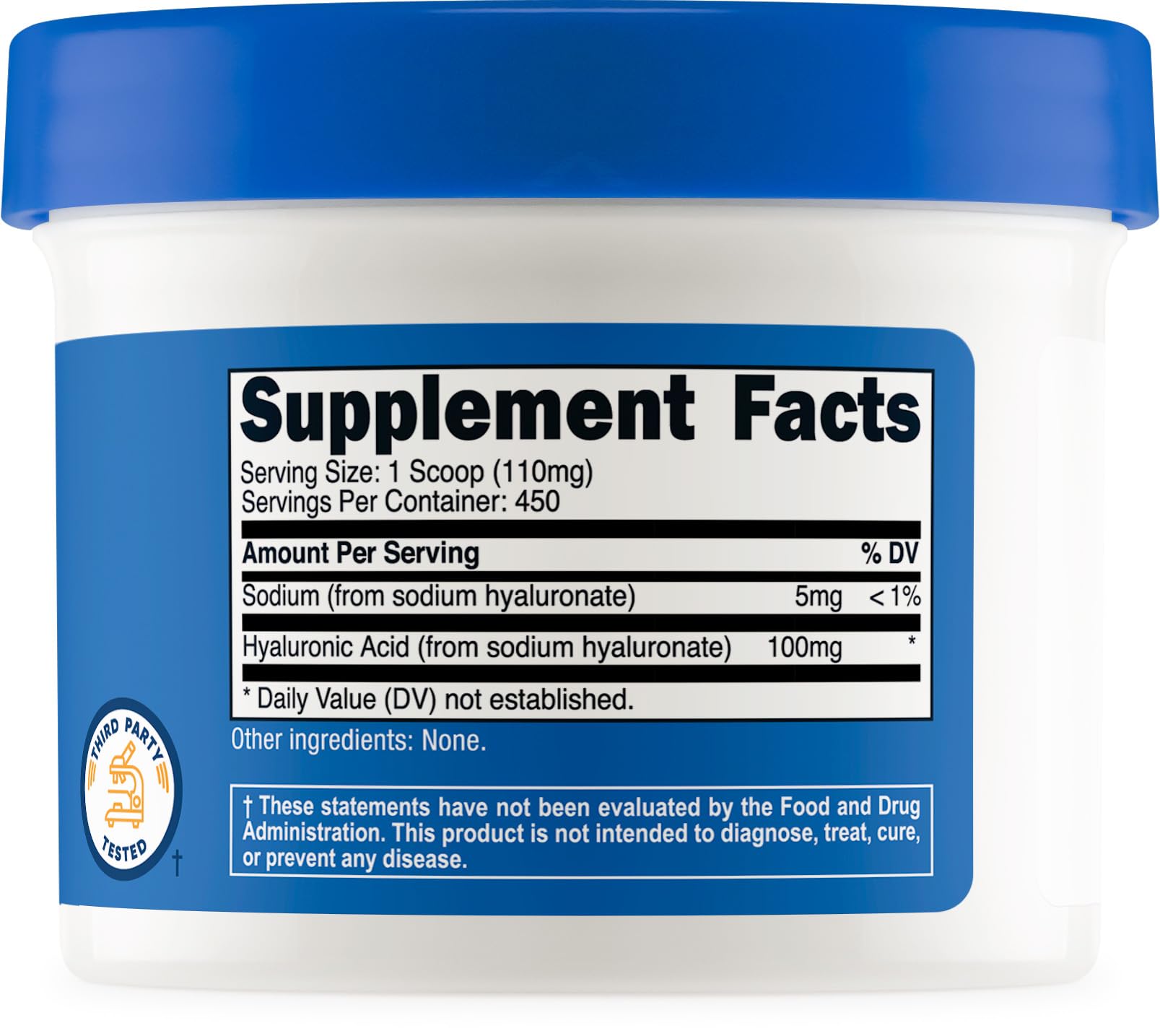 Nutricost Hyaluronic Acid Powder label shows NSF GMP and FDA facility quality