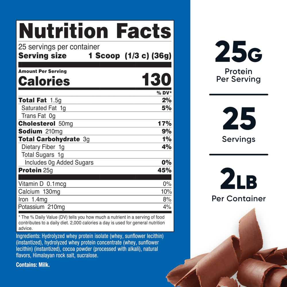Nutricost hydrolyzed whey protein chocolate pour showing fast-dissolving formula for quick fueling.