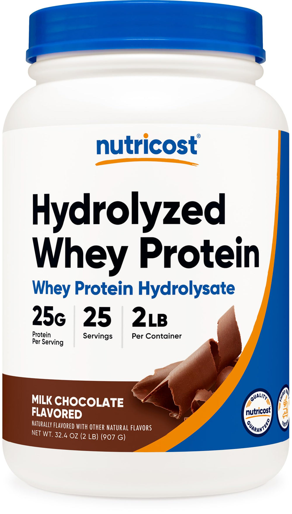 Nutricost hydrolyzed whey protein chocolate tub for smooth post-workout recovery.