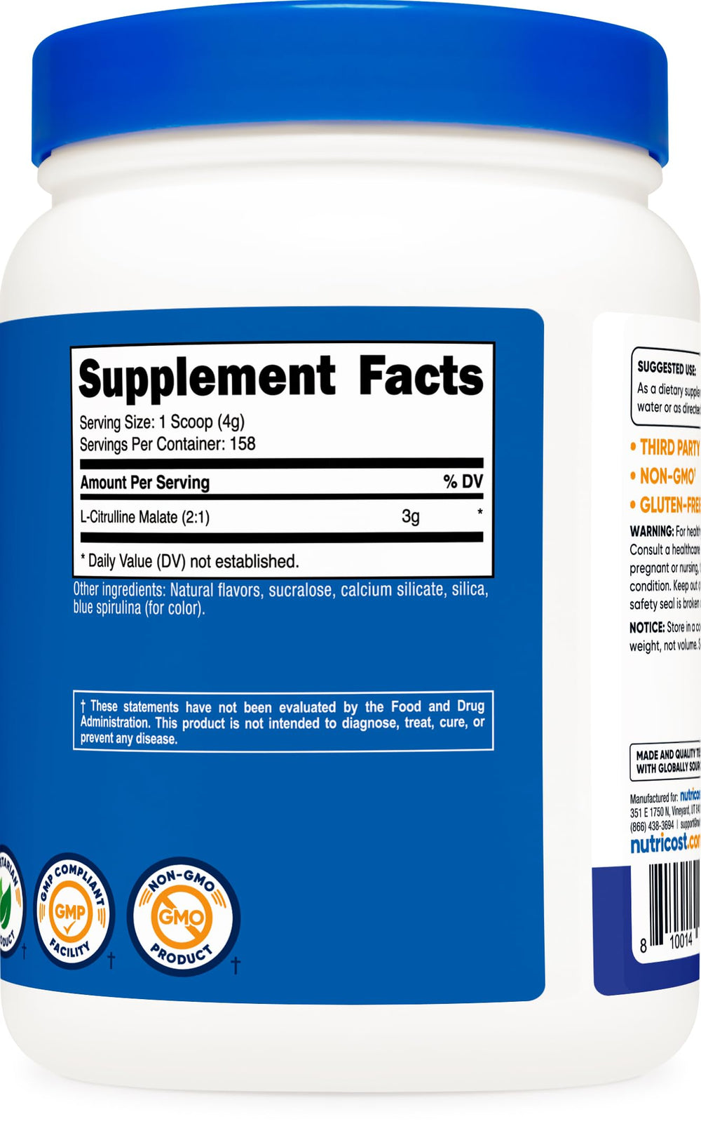 Ingredient list and nutrition icons on Nutricost packaging for clarity