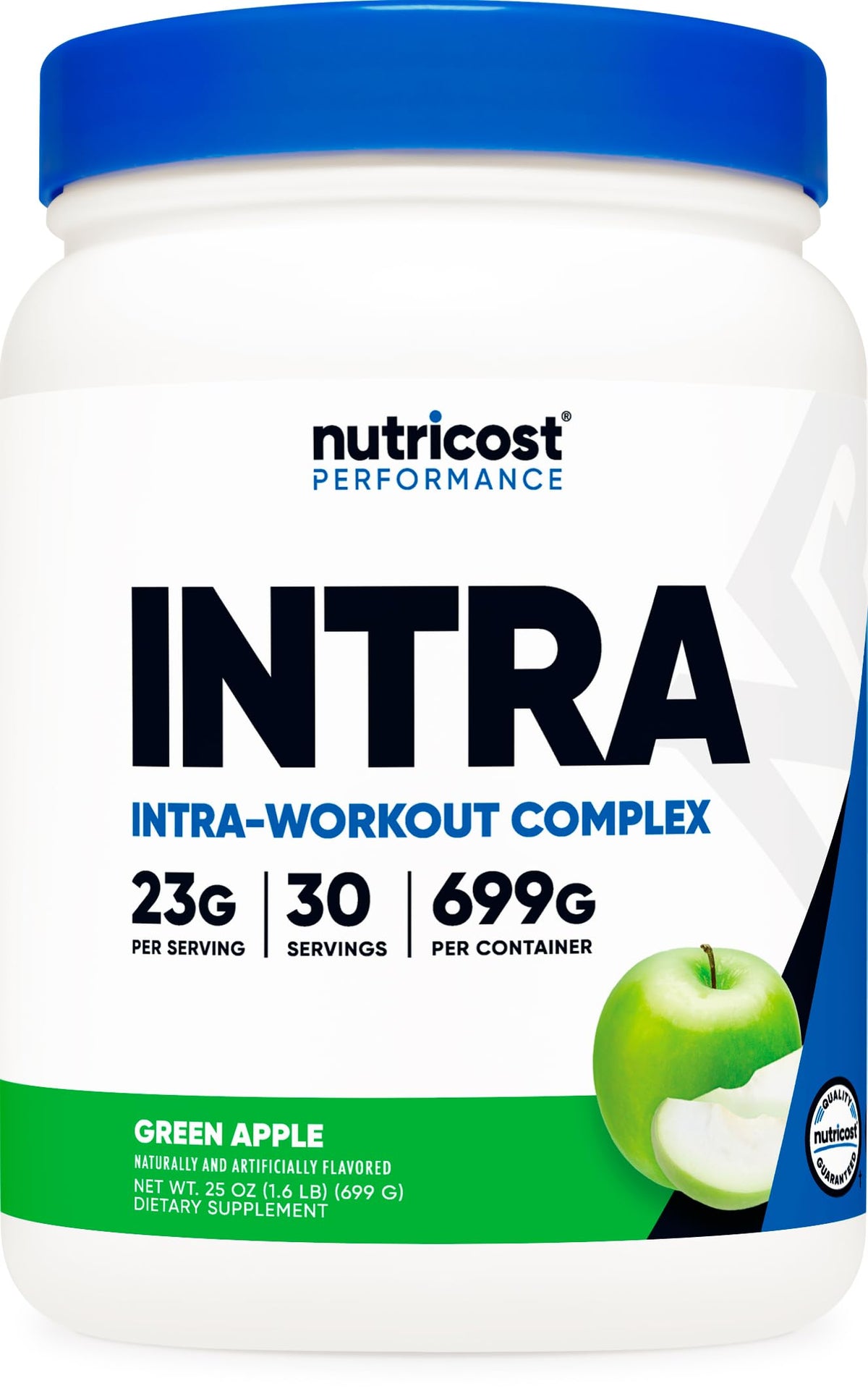 Nutricost intra workout powder green apple bottle with quick intra-workout energy boost.