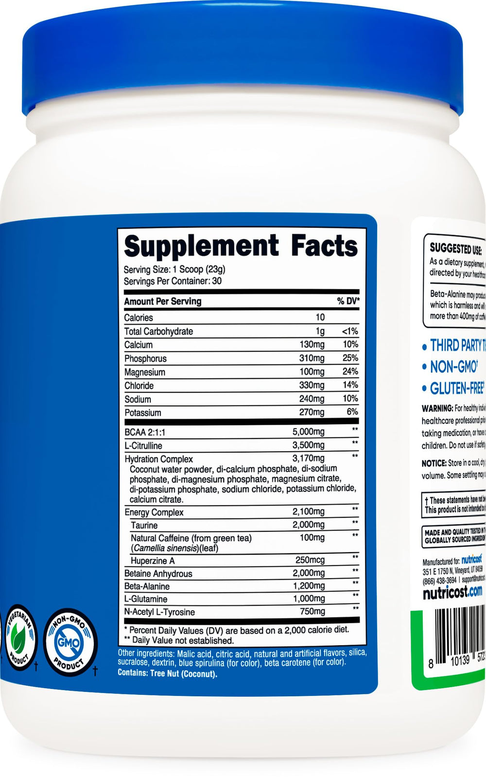 Nutricost label close-up showcases 30 servings and BCAA fortified blend for performance support.