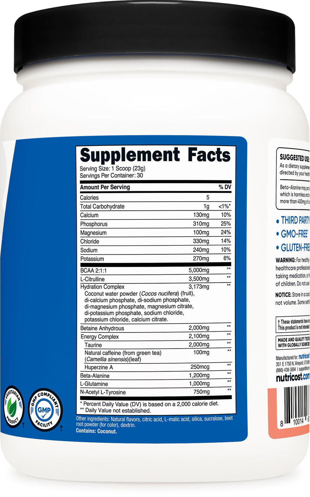 Nutricost packaging front emphasizing pink lemonade flavor for workouts.