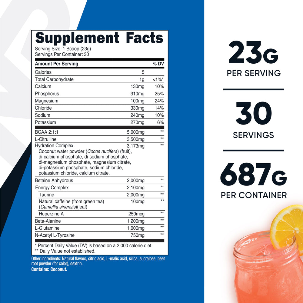 Nutricost powder being poured into a glass for energizing intra-workout hydration.