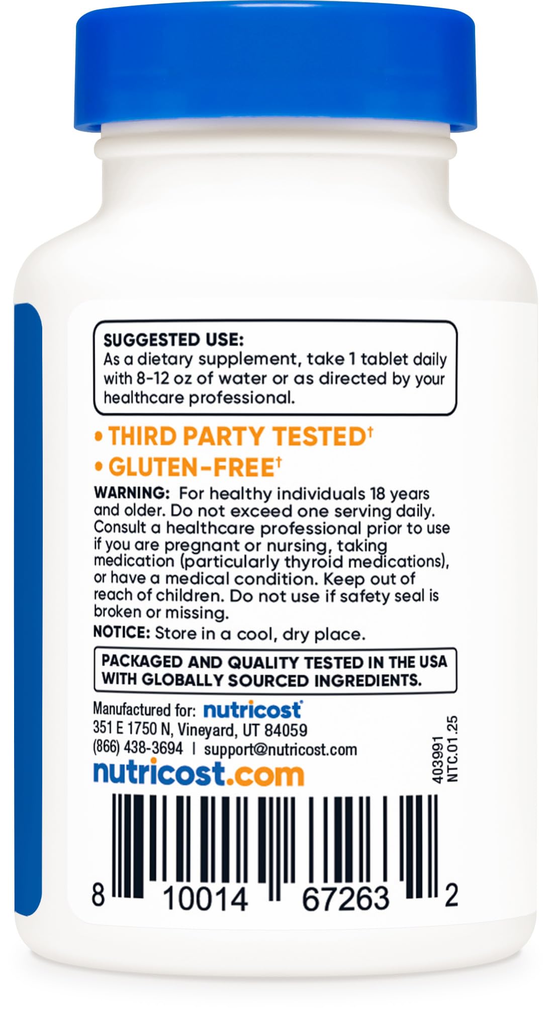Nutricost Iodine bottle open with tablets visible for daily dosing