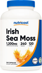 Nutricost Irish Sea Moss extract capsules bottle showing 1200mg per serving for daily wellness.