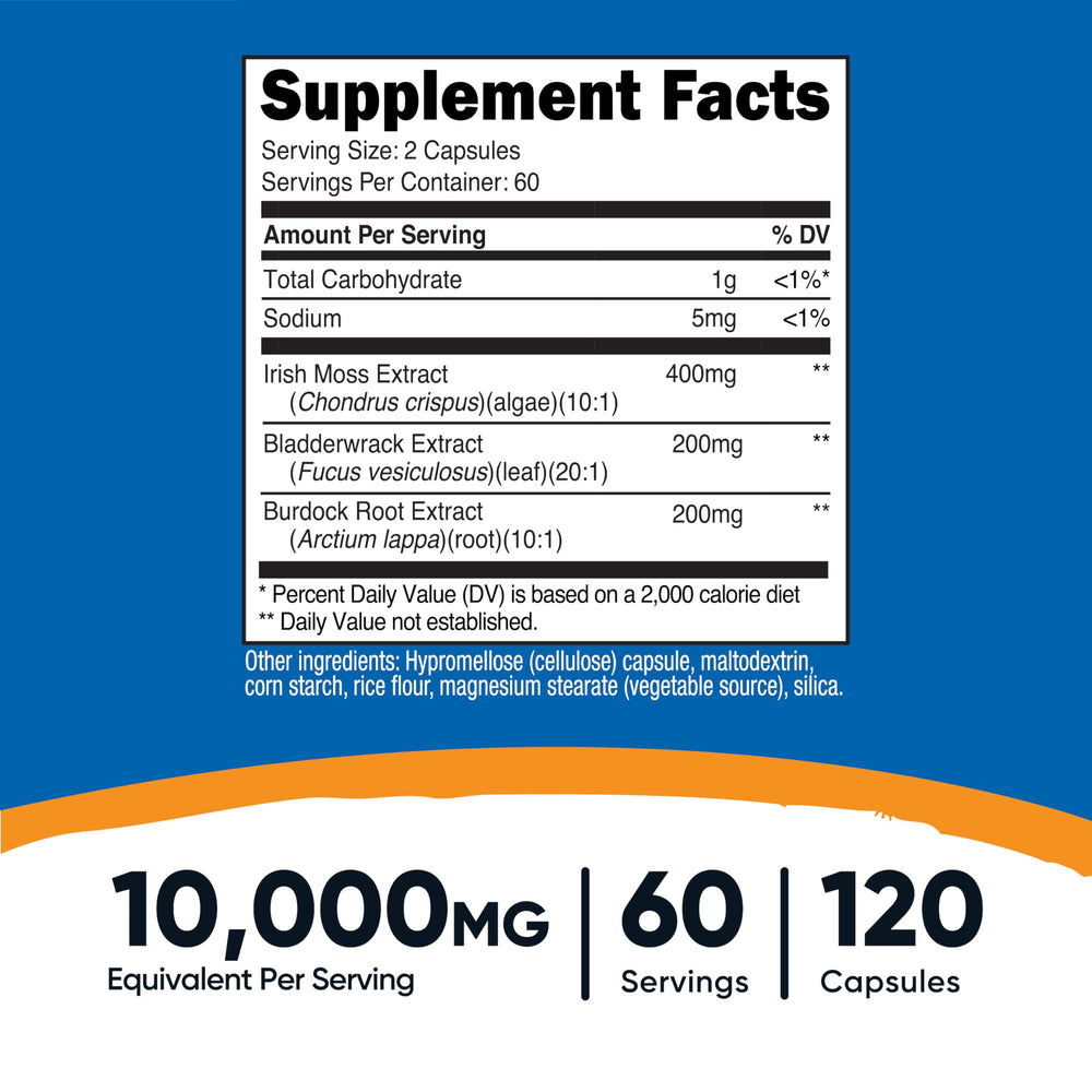 Nutricost Irish Sea Moss Extract capsules highlight convenient daily dosage for vegan supplement routine.