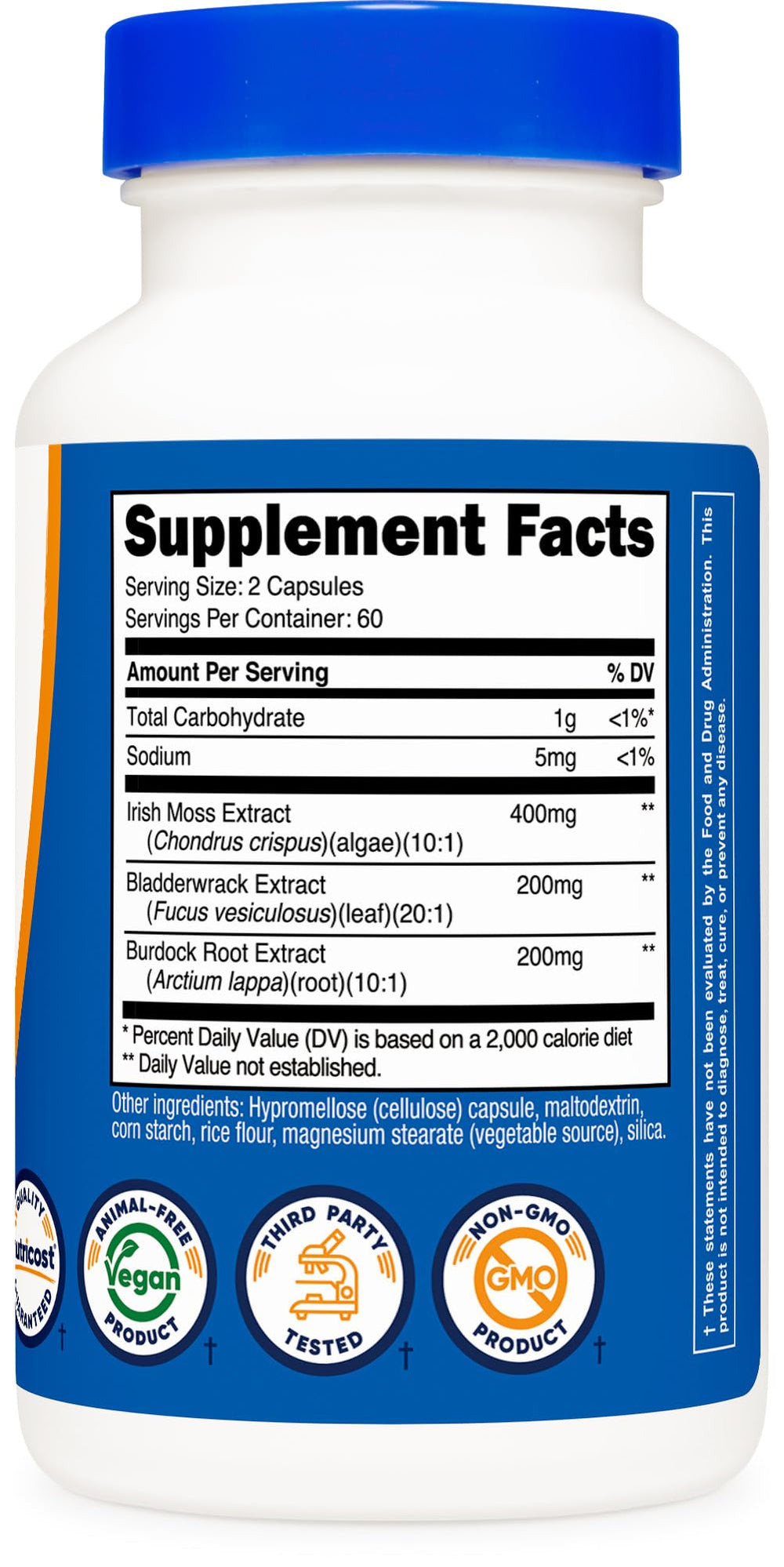 Nutricost Irish Sea Moss Extract nutrition facts panel communicates serving size and daily values.