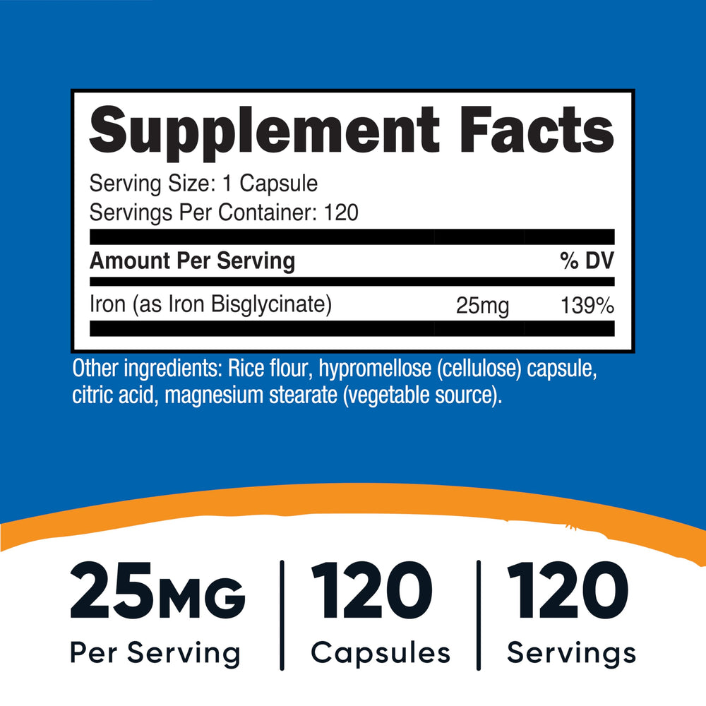 Nutricost bottle of 120 capsules offers a convenient daily iron routine.