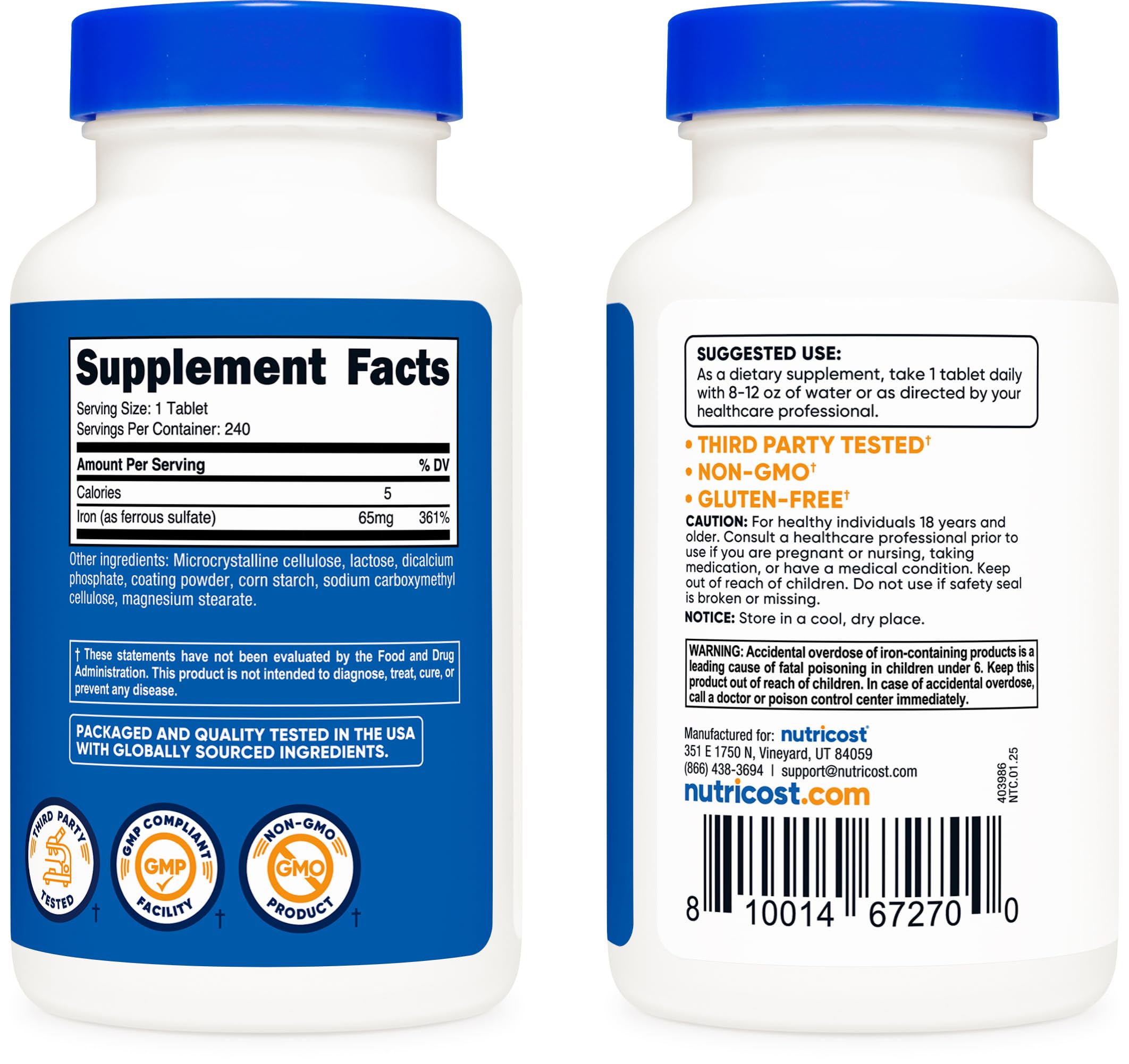 Nutricost Iron bottle packaging displayed for at-home supplementation