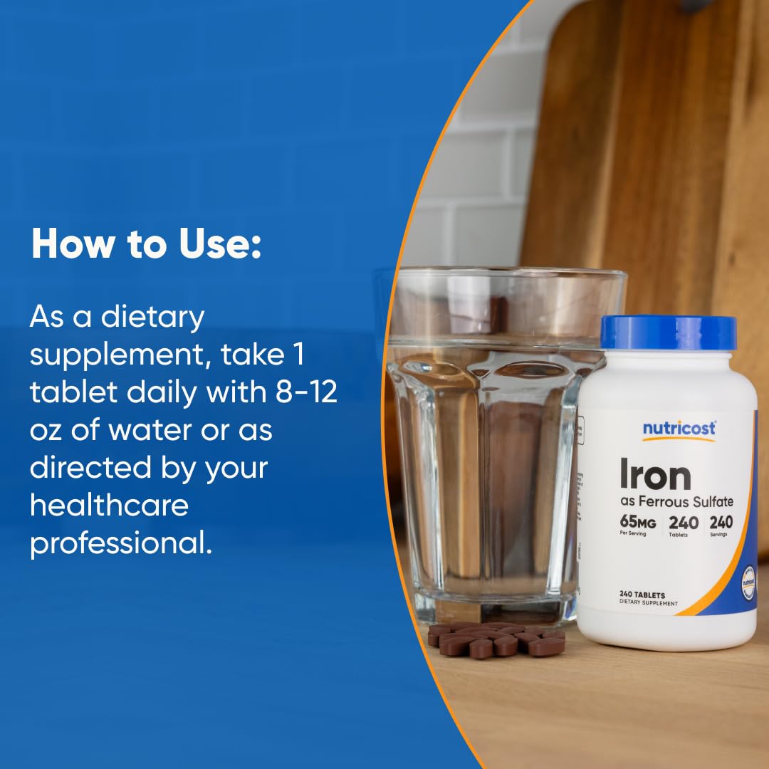 Nutricost Iron ingredients panel featuring ferrous sulfate as active ingredient