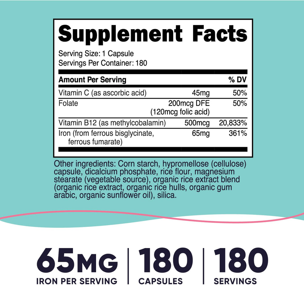 Nutricost Iron capsules closeup showing an easy-to-swallow daily dose.