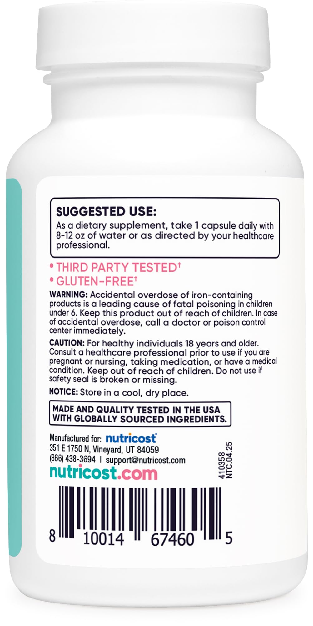 Nutricost iron packaging displays Non-GMO and gluten-free badges.
