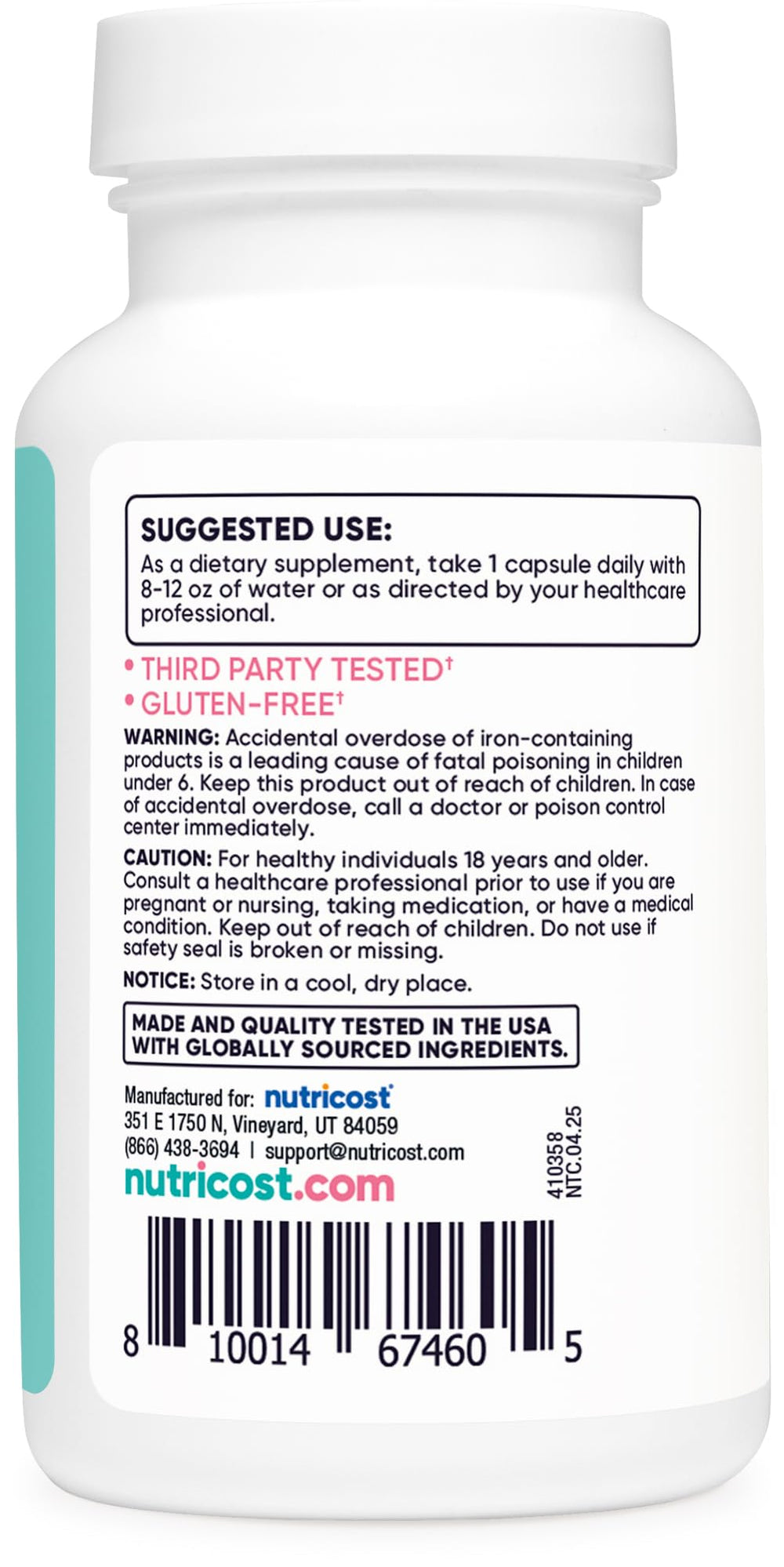 Nutricost iron packaging displays Non-GMO and gluten-free badges.