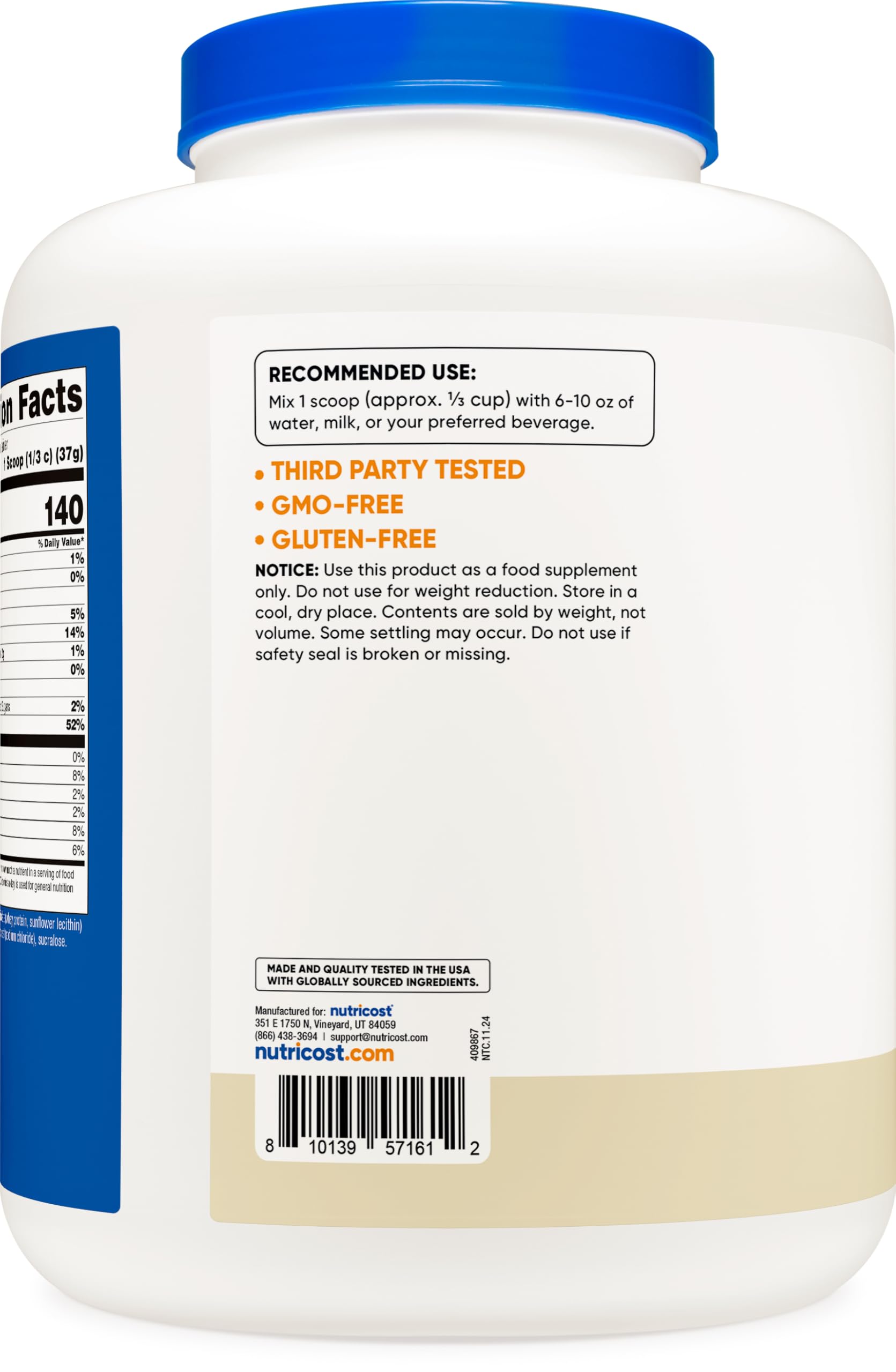 Nutricost nutrition facts label for tracking protein intake