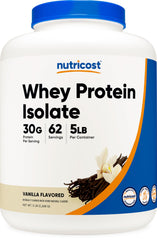 Nutricost Isolate Whey Vanilla bottle shows premium packaging and protein for daily shakes