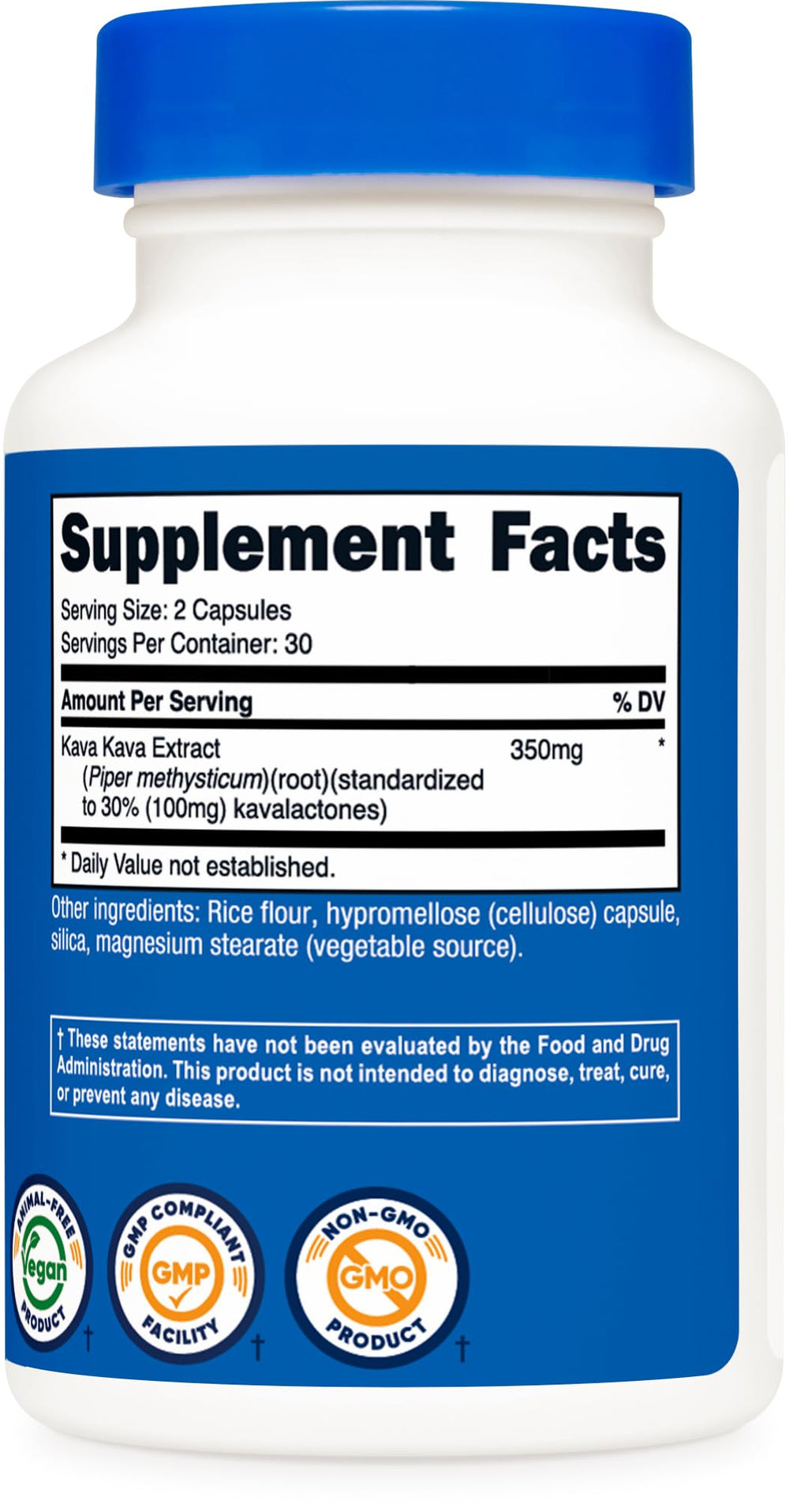 Nutricost Kava Kava capsules packaging emphasizes non-GMO and vegan.