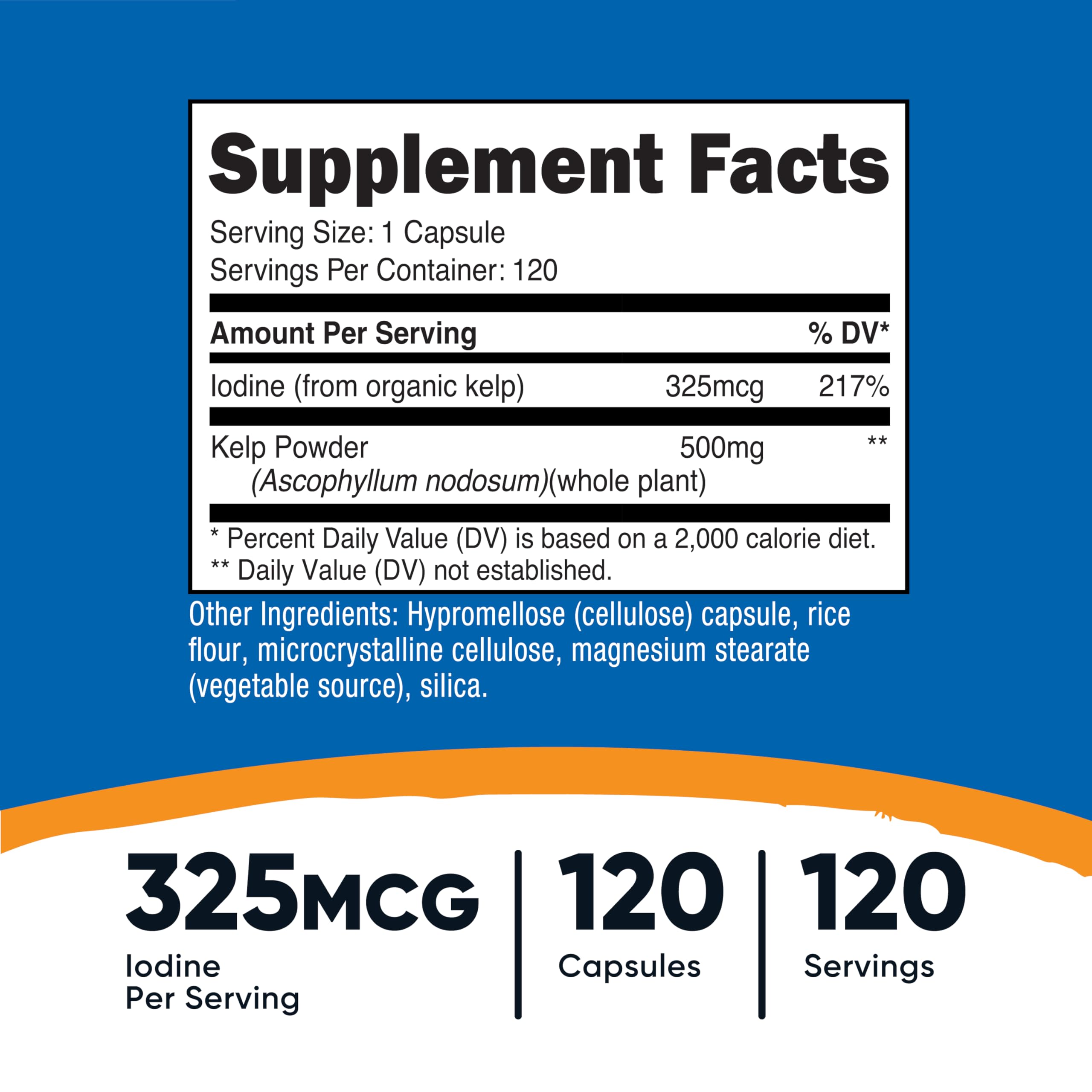 Nutricost Kelp Capsules label back showing ingredients and non-GMO, gluten-free note