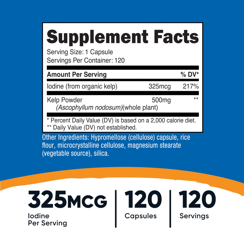 Nutricost Kelp Capsules label back showing ingredients and non-GMO, gluten-free note