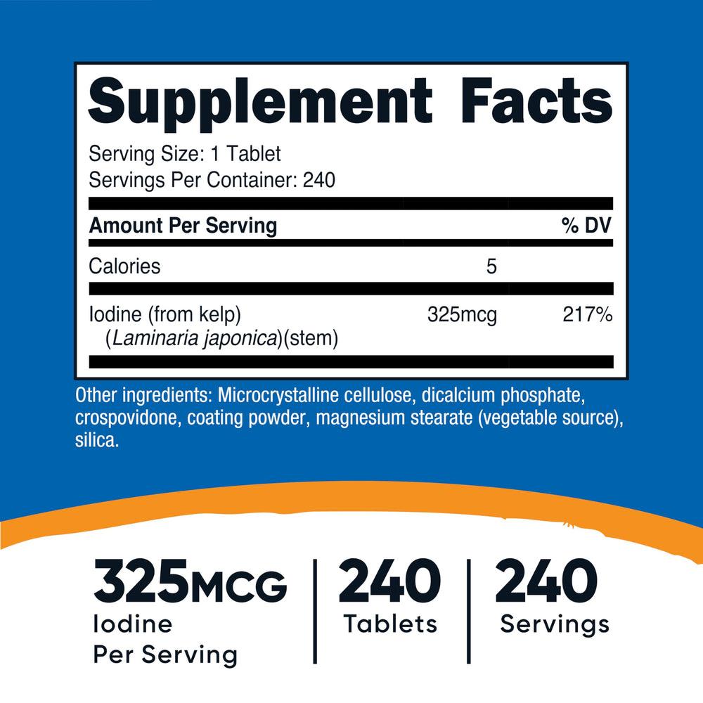 Nutricost Kelp Tablets label close-up highlighting non-GMO and gluten-free status