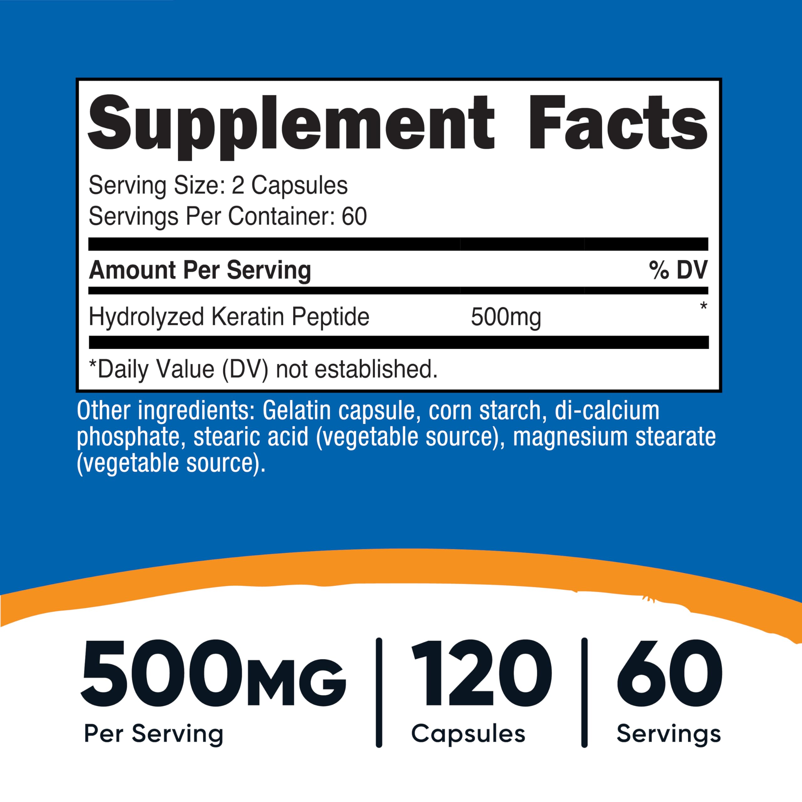 Nutricost Keratin Hydrolized Peptide capsules closeup showing easy to swallow capsules.