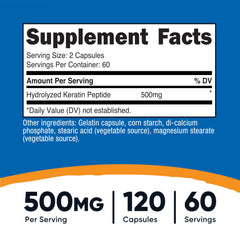 Nutricost Keratin Hydrolized Peptide capsules closeup showing easy to swallow capsules.