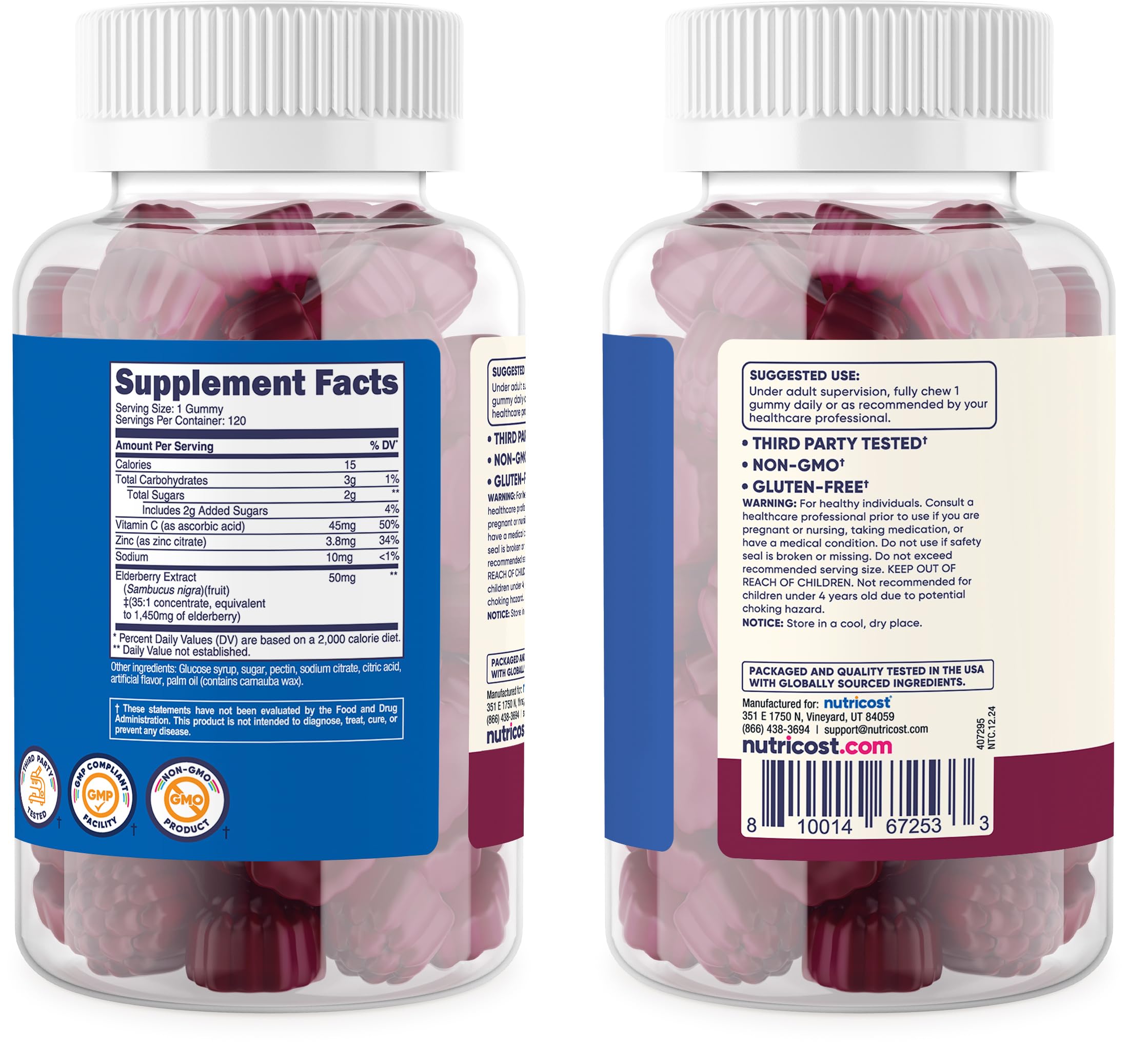 Bottle shows 120 servings for daily use with Nutricost Elderberry Gummies.