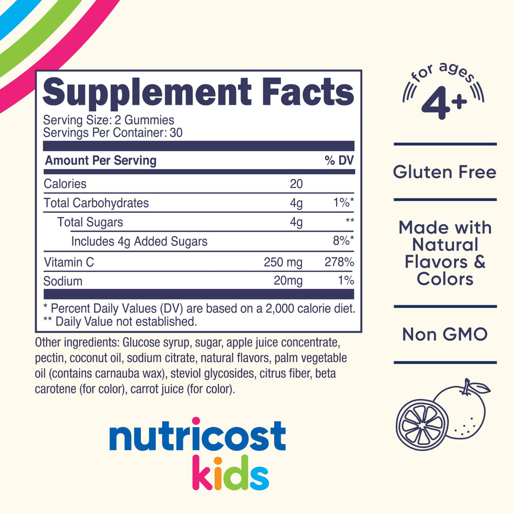 Nutricost Kids Vitamin C Gummies bottle label showing ingredients and dosage