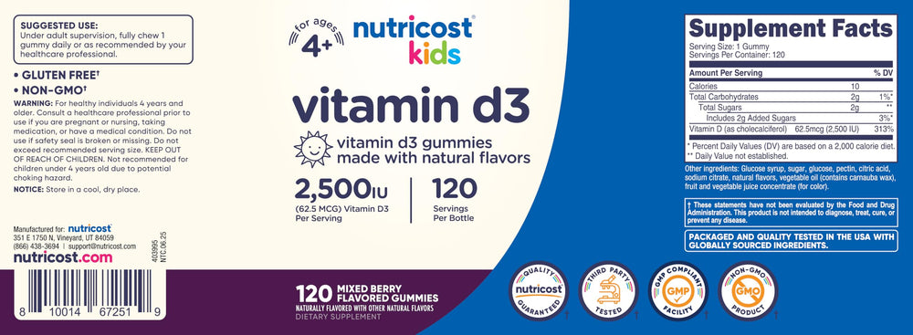 Nutricost Kids Vitamin D3 Gummies produced in a GMP-compliant facility