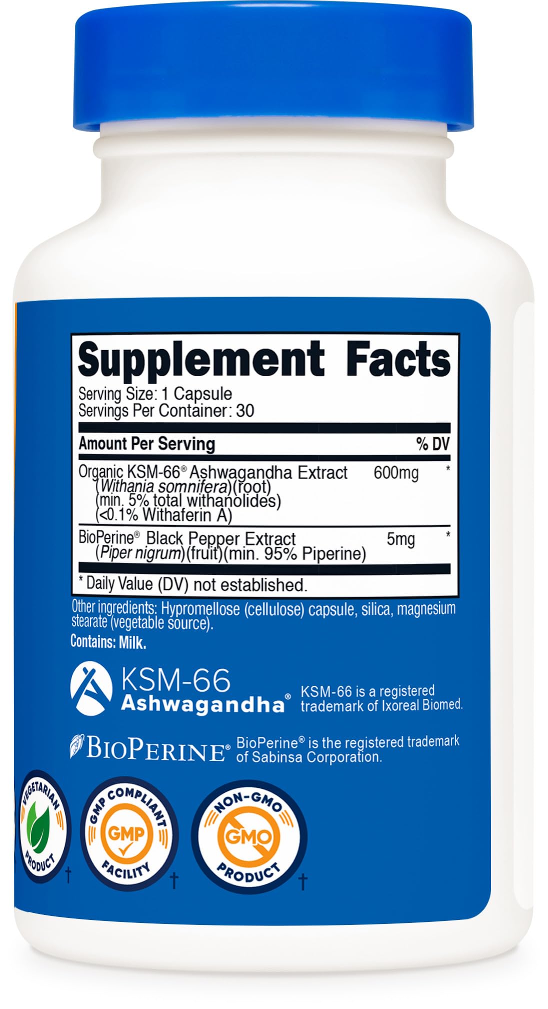 Nutricost KSM-66 Ashwagandha label shows 600 mg per serving.