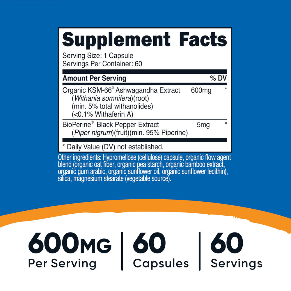 Nutricost KSM-66 capsules-closeup shows 60 capsules for easy daily use