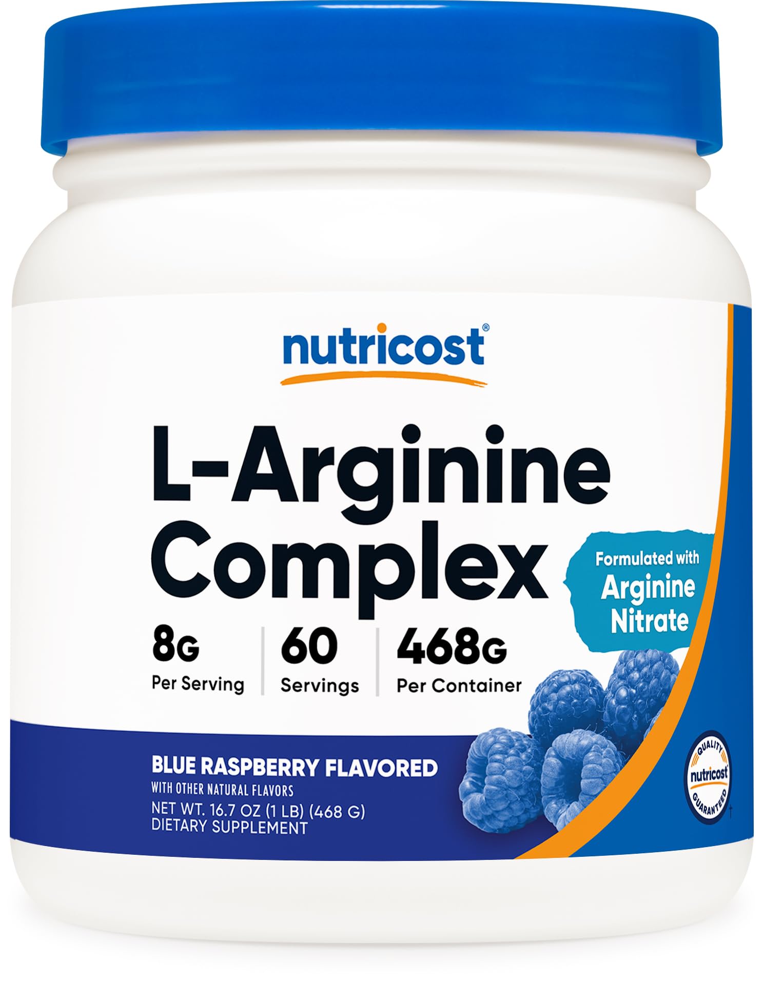 Nutricost L-Arginine Complex blue raspberry powder bottle highlighting flavor and quality