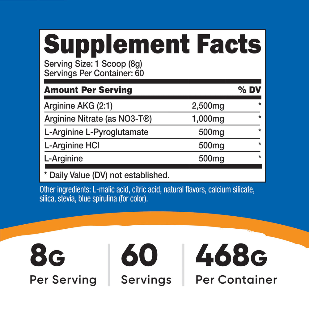 Nutricost L-Arginine Complex fruit punch powder with serving scoop for daily use