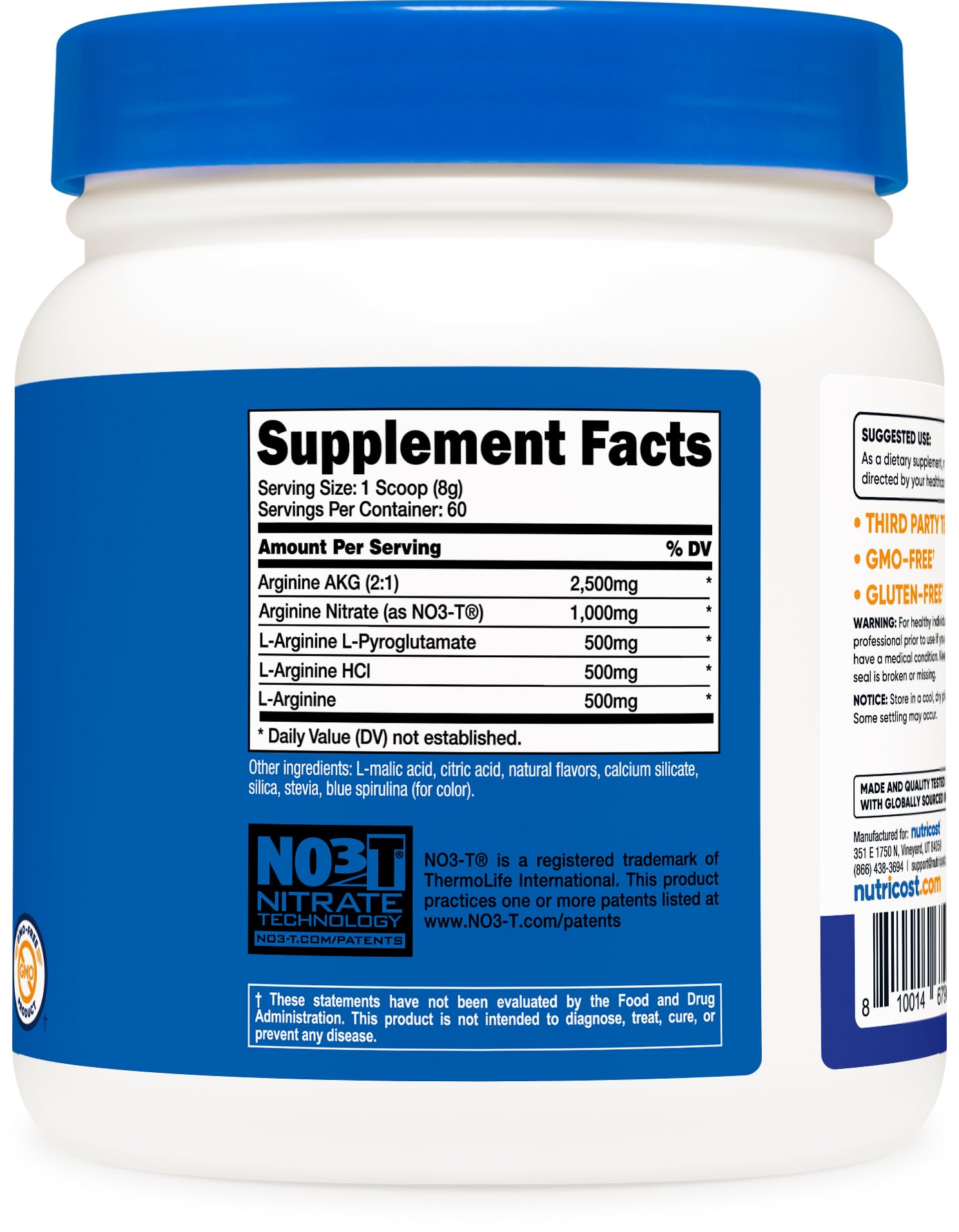 Nutricost L-Arginine Complex GMP facility badge emphasizes quality control