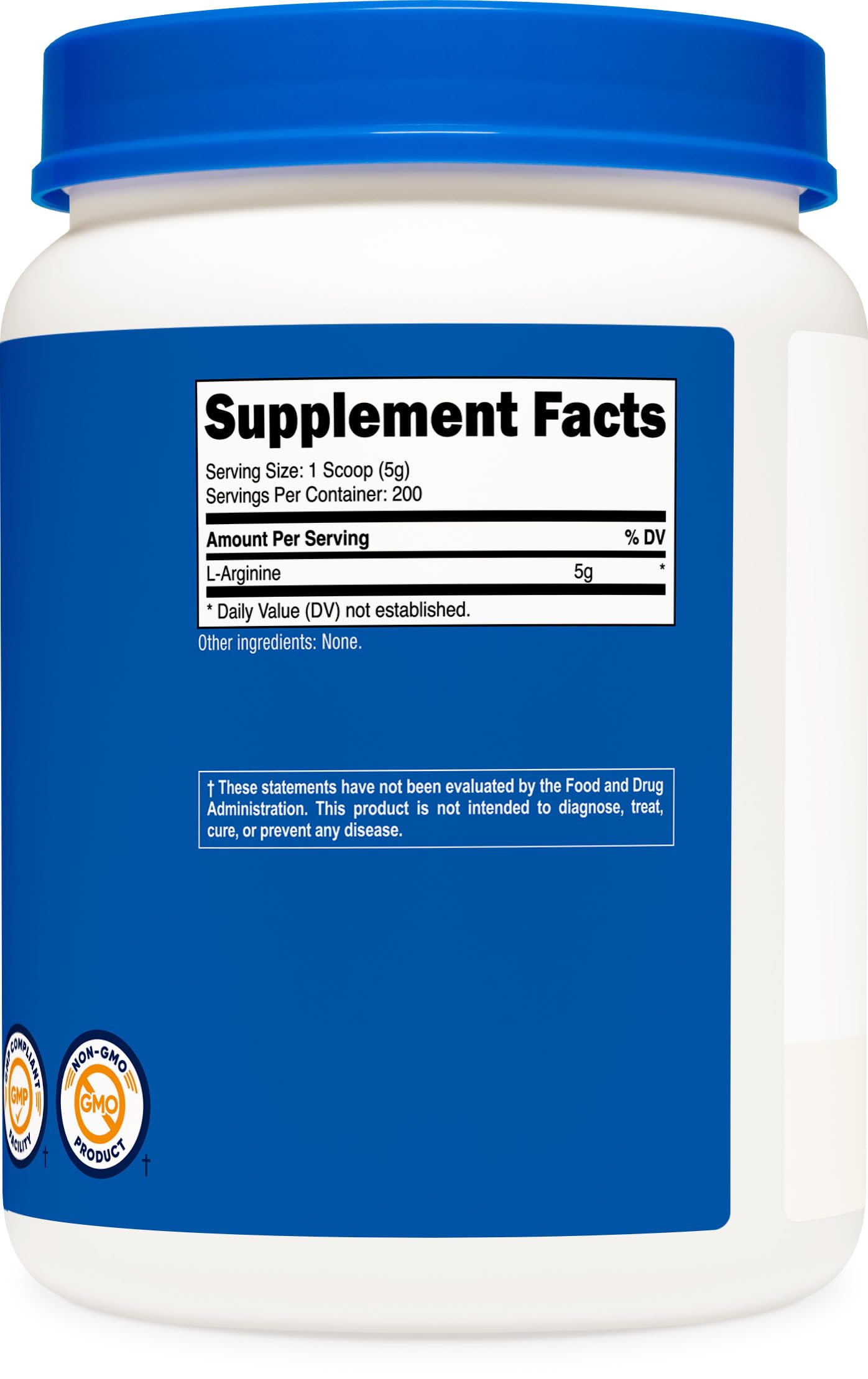 Nutricost L-Arginine powder back panel notes GMP and FDA registered facility