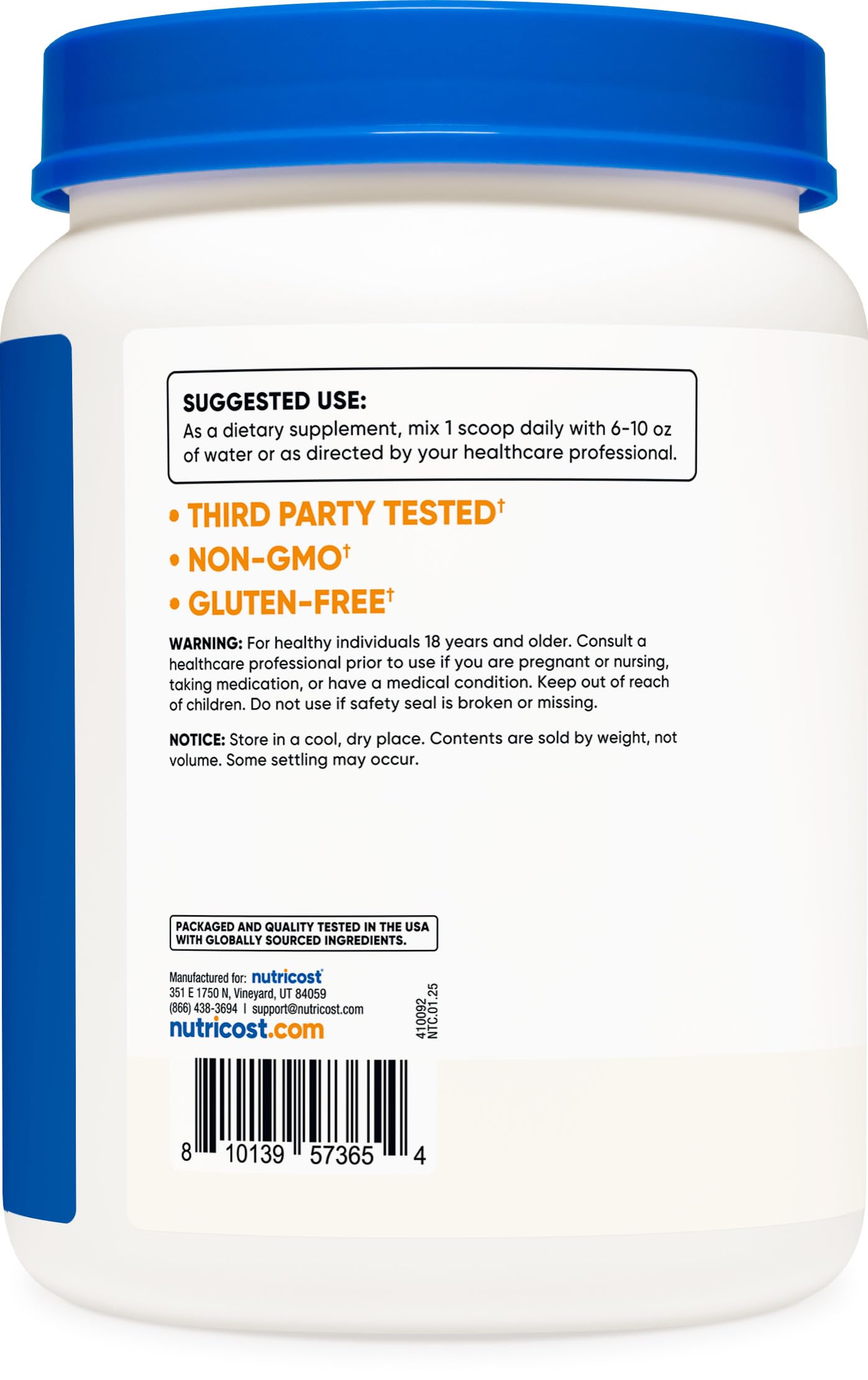 Nutricost L-Arginine bottle pour demonstrating easy mixing for daily use