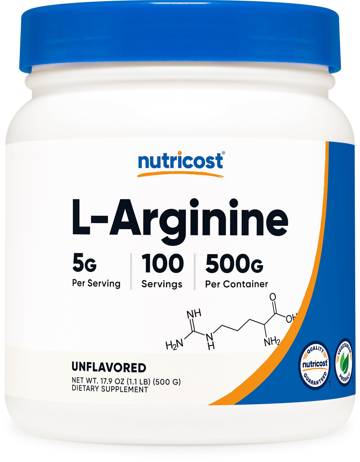 Nutricost L-Arginine powder bottle with label, pure formula for daily supplementation.