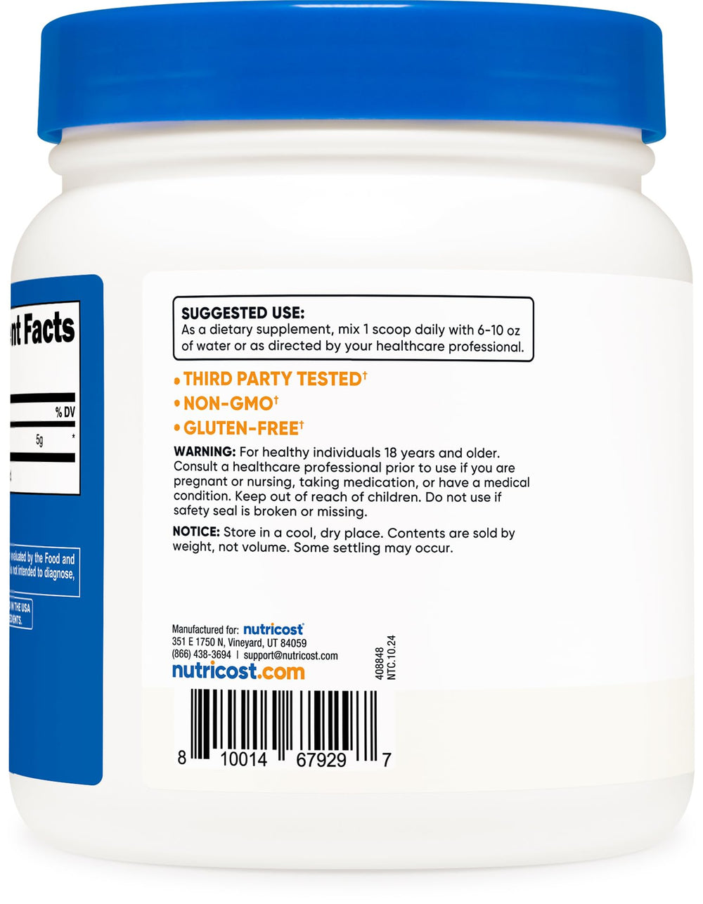 Nutricost L-Arginine powder jar on shelf, gluten-free and non-GMO.