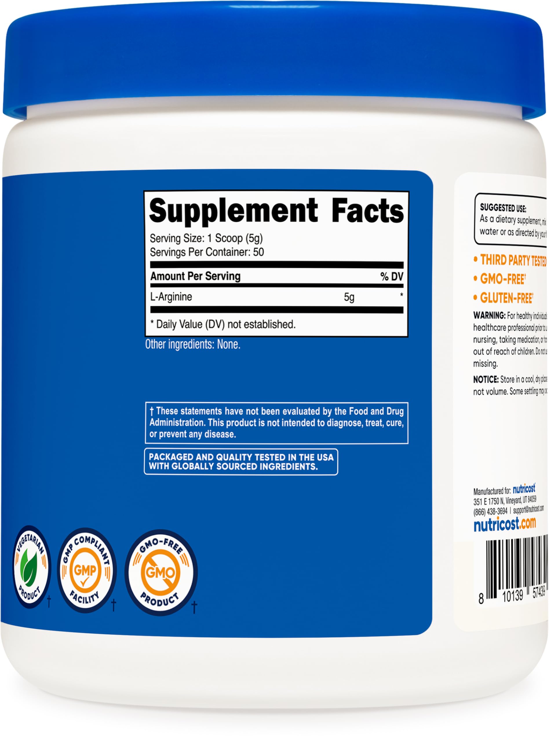 Nutricost L-Arginine powder near a glass of prepared drink emphasizing clean ingredients.