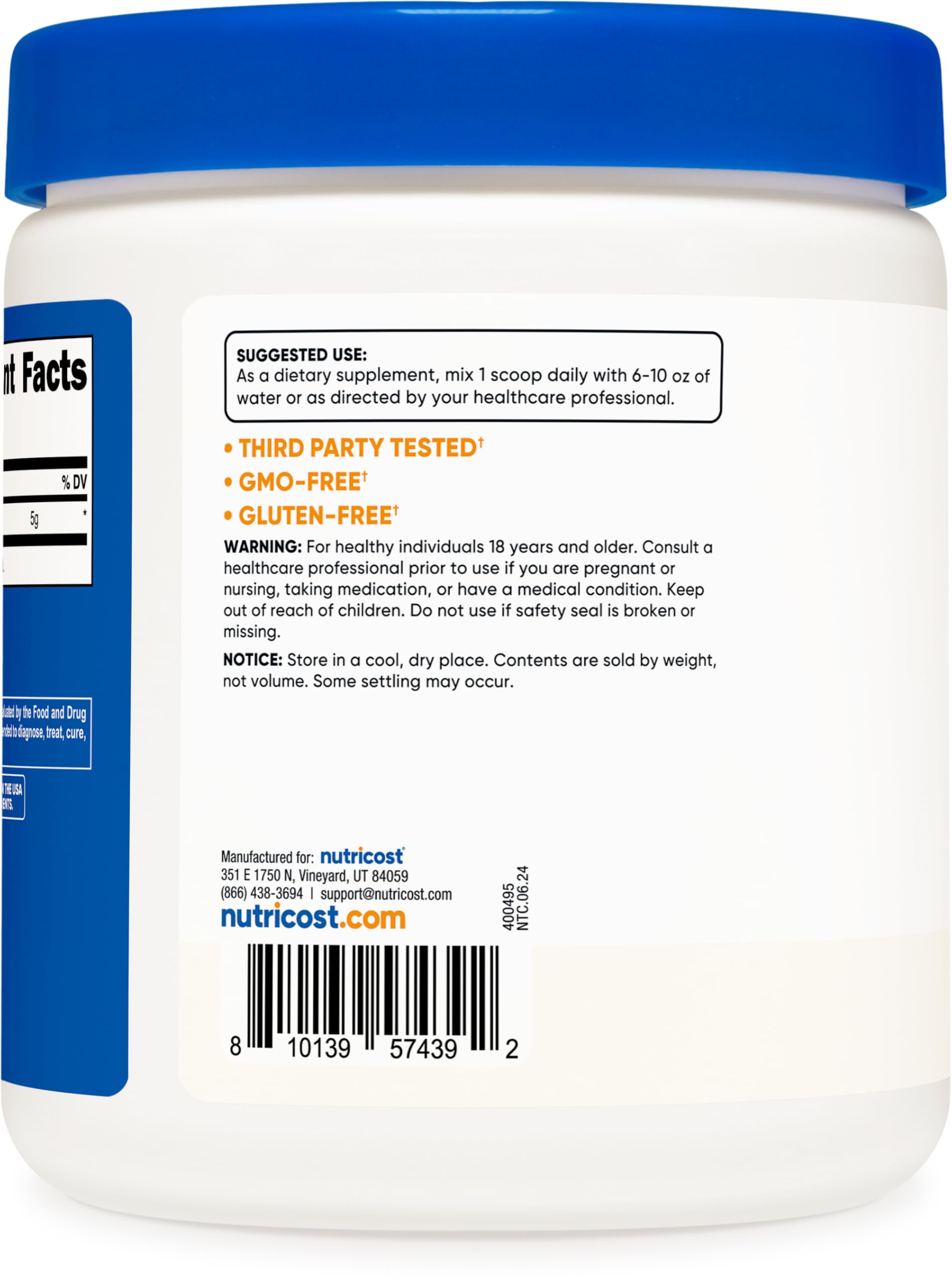 Nutricost L-Arginine powder container pouring into water for easy mixing.
