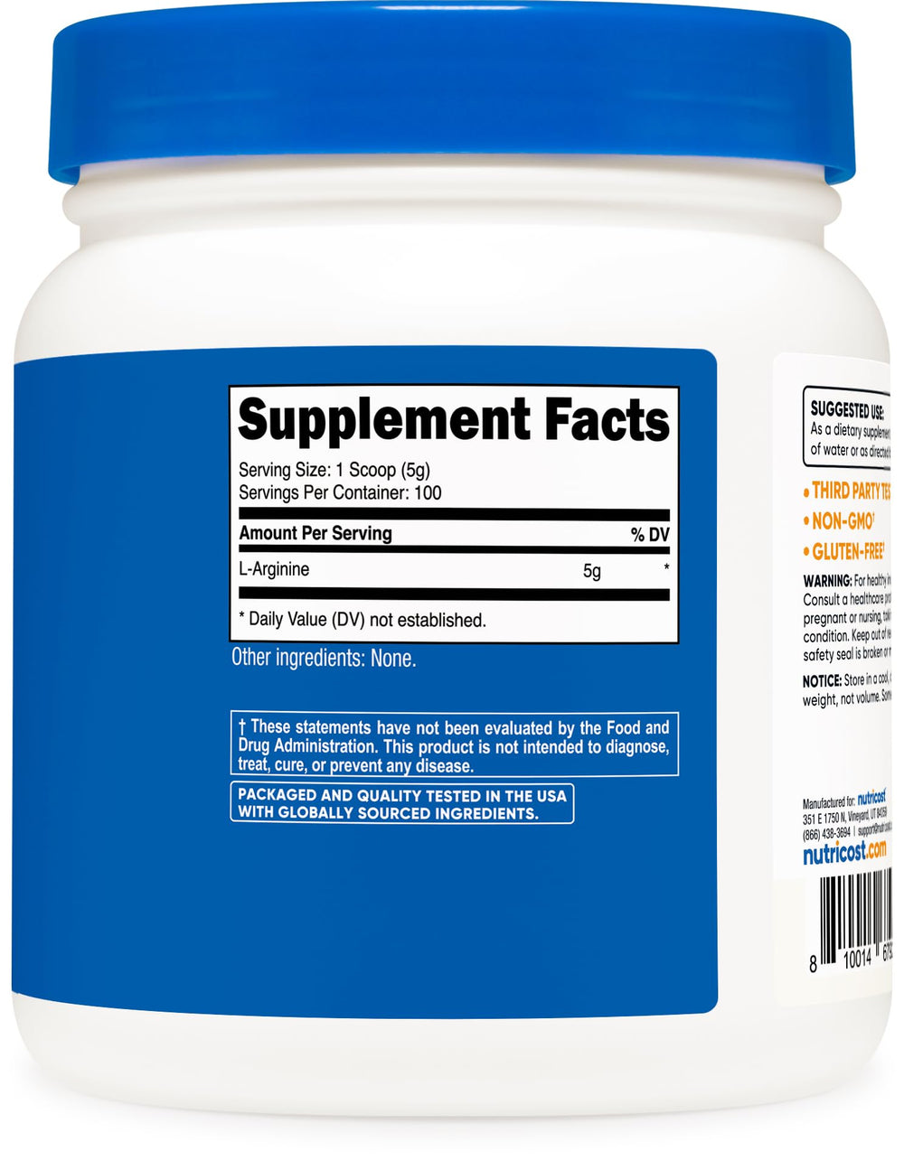 Nutricost L-Arginine powder being poured, convenient daily use.