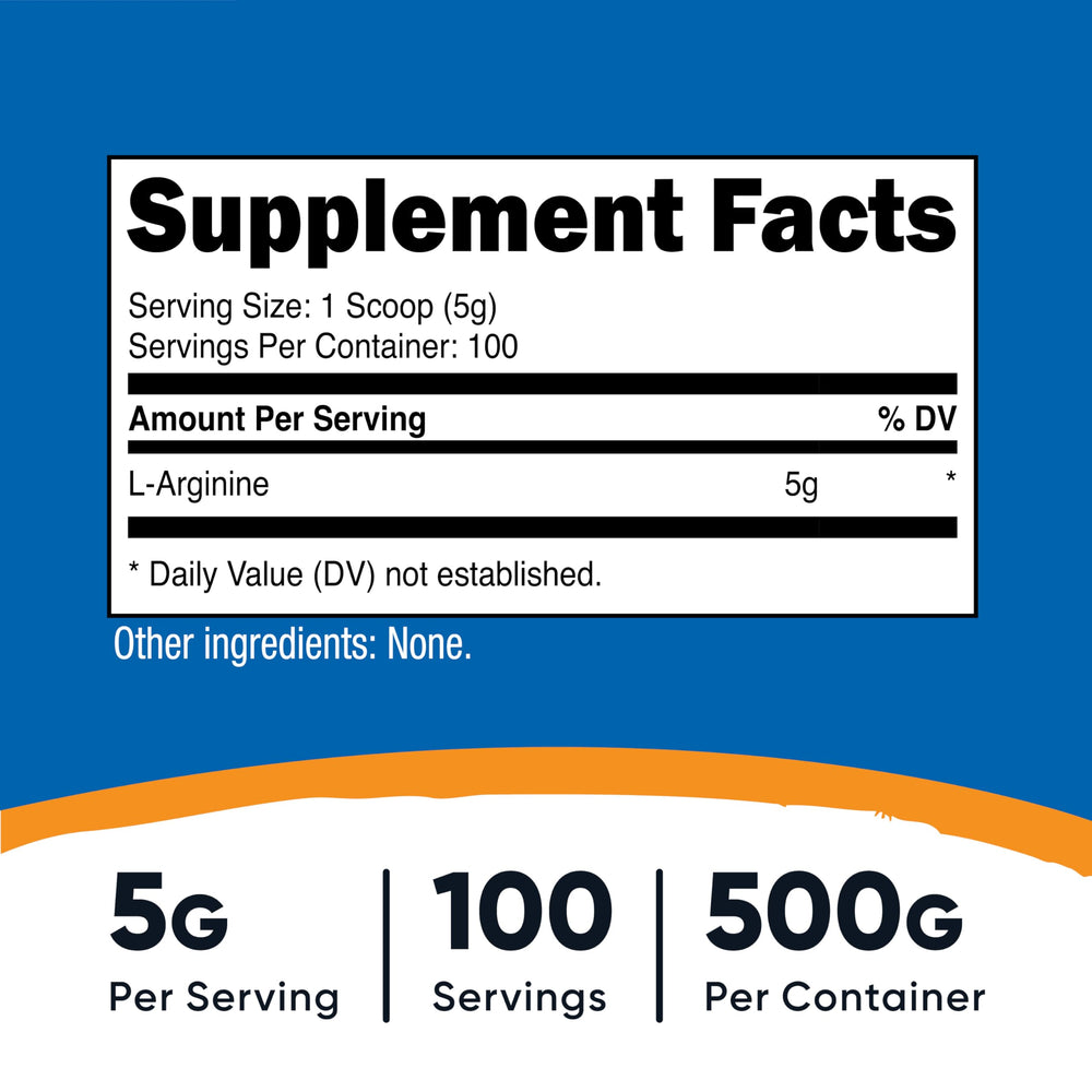 Nutricost L-Arginine powder scoop and serving—accurate 5 g per helping.
