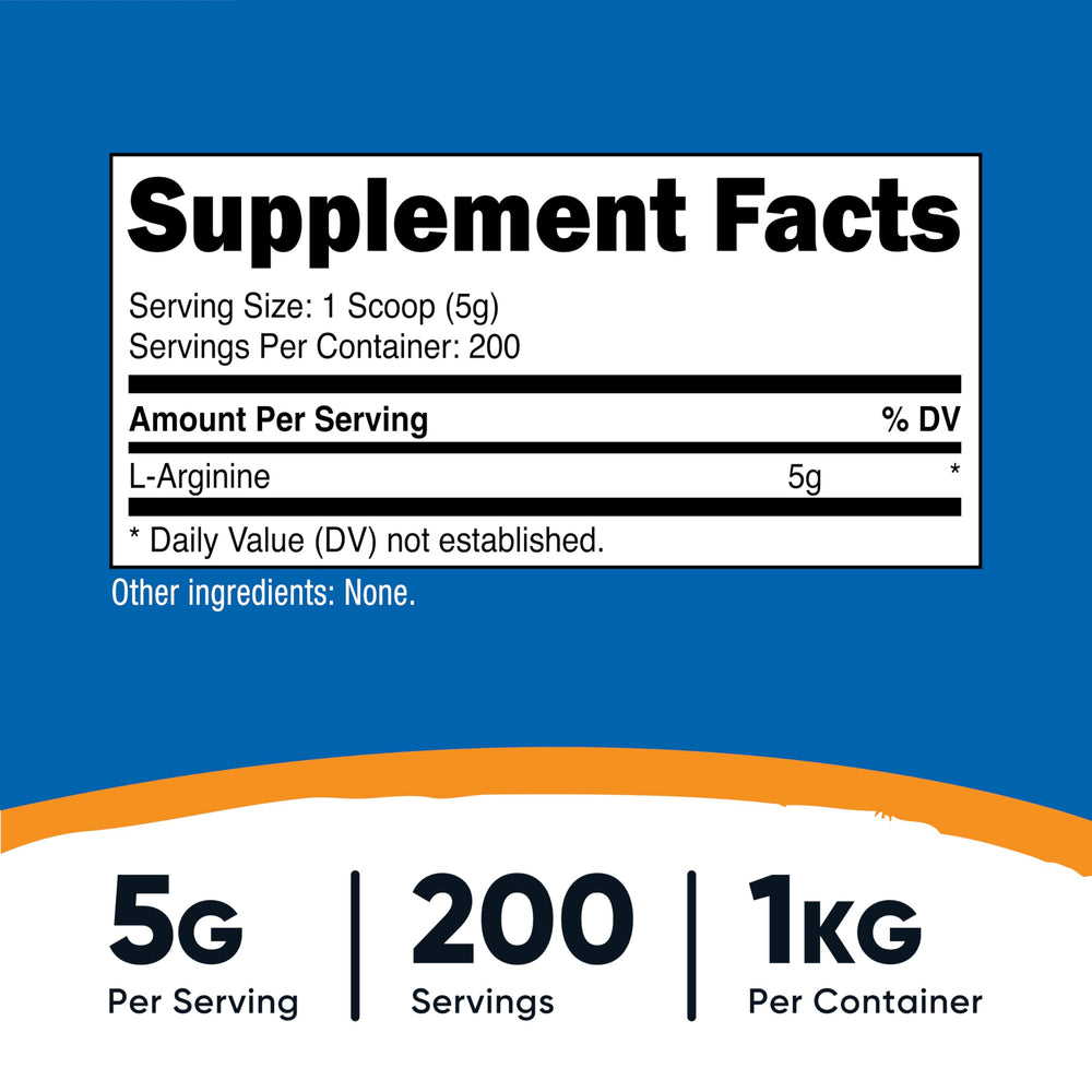 Nutricost L-Arginine powder scoop showing a precise 5 g serving