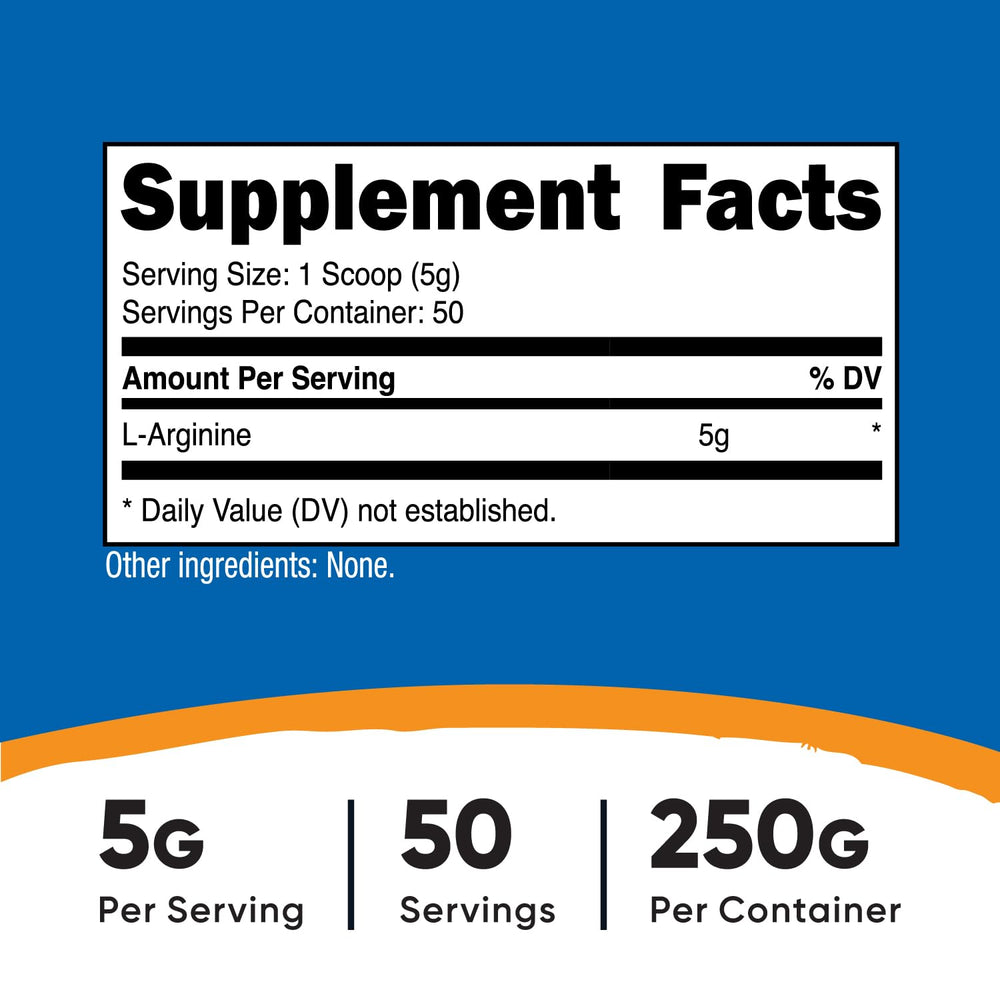 Nutricost L-Arginine serving scoop showing convenient 50 servings and precise dosage.