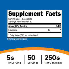 Nutricost L-Arginine serving scoop showing convenient 50 servings and precise dosage.
